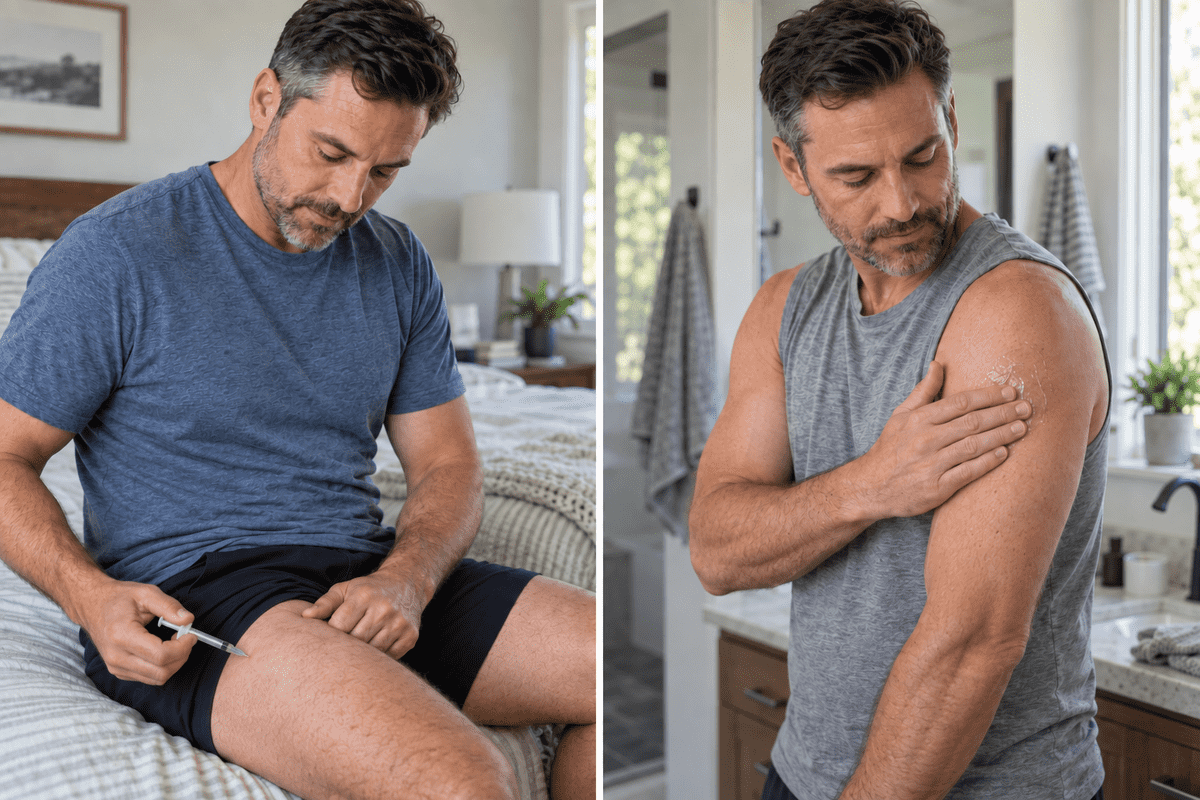 Side-by-side comparison of testosterone injections vs gel application for TRT