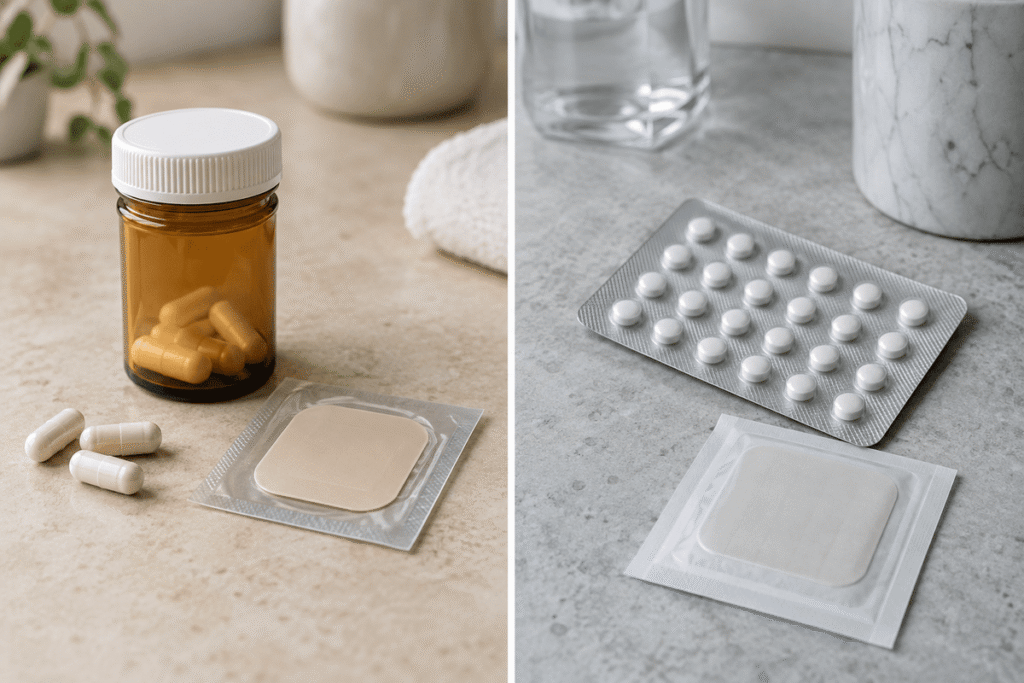 Bioidentical Hormones vs. Traditional HRT shown as pill and patch options