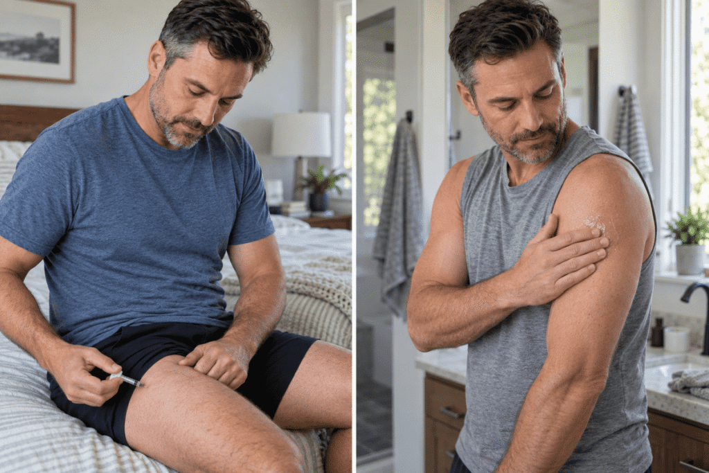 Side-by-side comparison of testosterone injections vs gel application for TRT